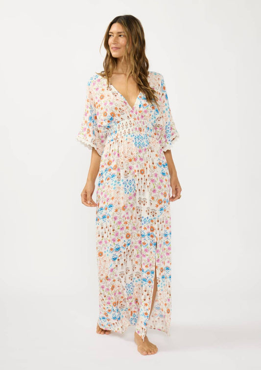 Kimono Sleeve Smocked Waist Maxi Dress with Front Slit