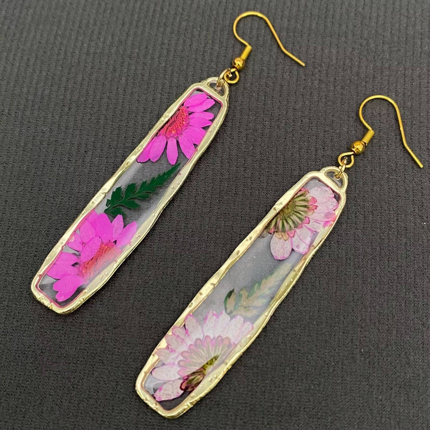 Pressed Dried Flower Long Rectangular Dangle Earrings -