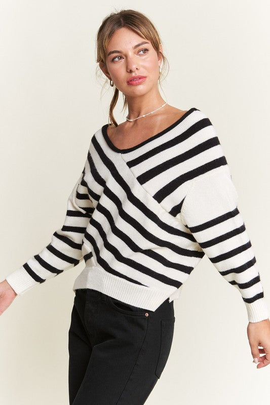 Ivory V-neck Striped Sweater