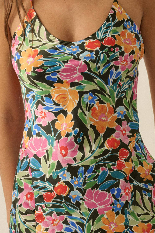 Floral-Print Satin Scoop-Neck Fitted Maxi Slip Dress