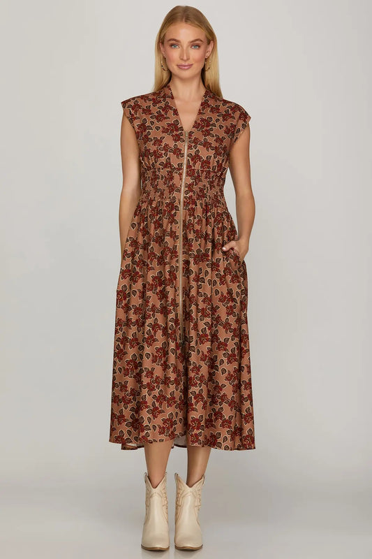 Rust & Petals Zip-Front Dress