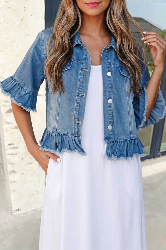 Western Ruffle Hem Half Sleeve Denim Jacket