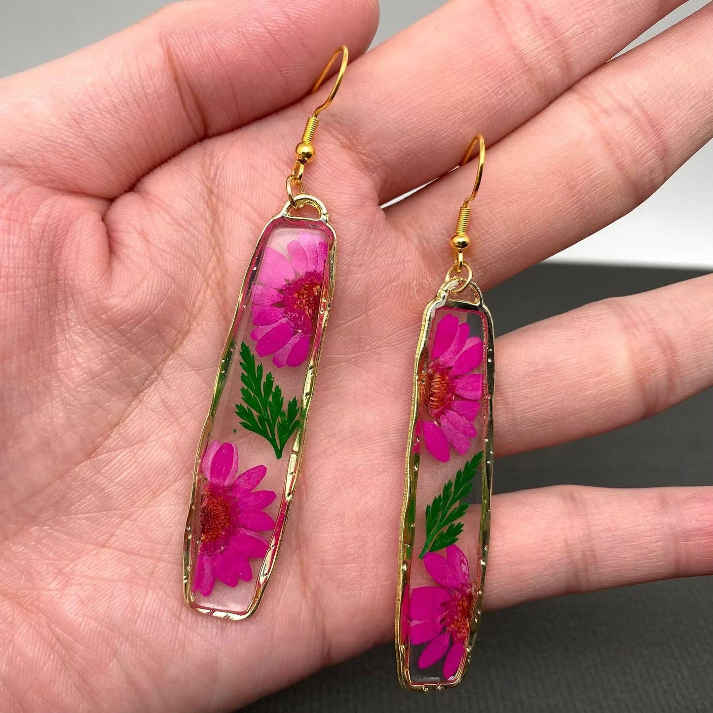 Pressed Dried Flower Long Rectangular Dangle Earrings -