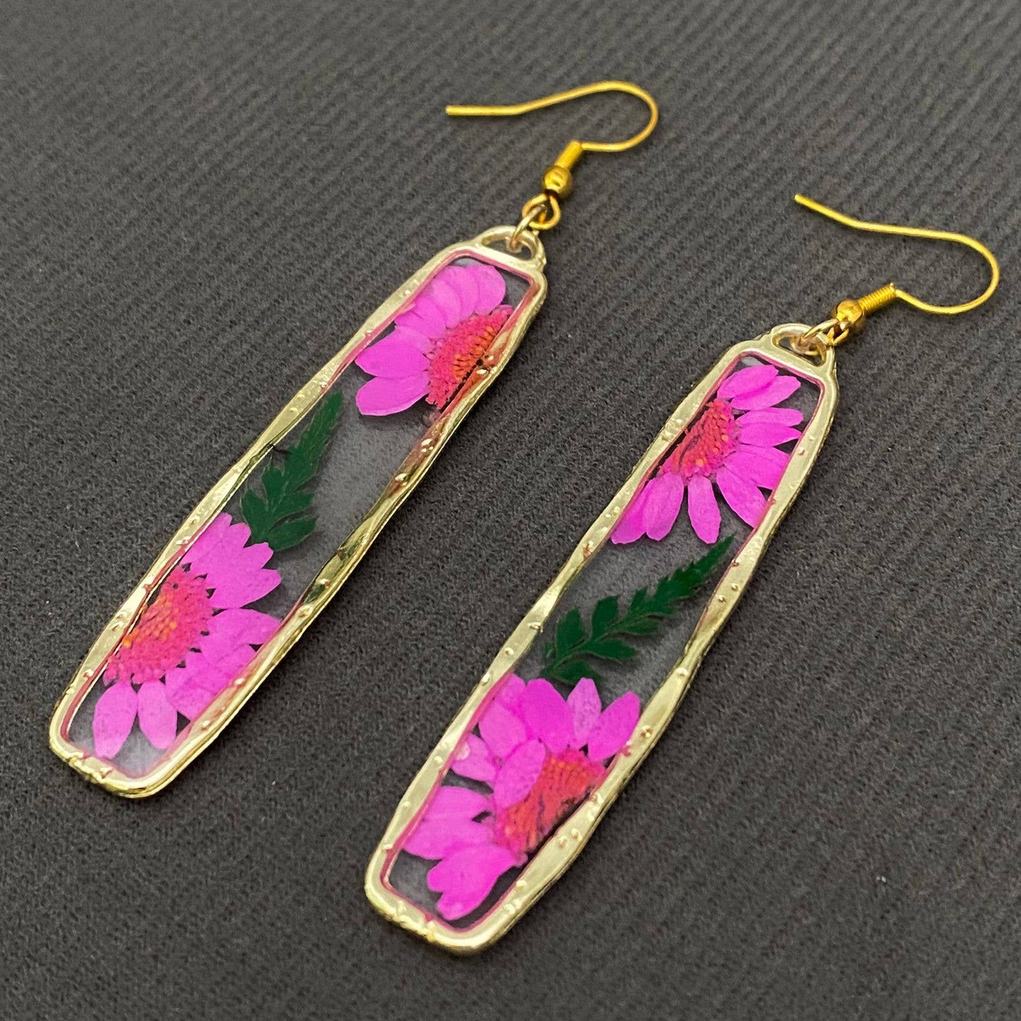 Pressed Dried Flower Long Rectangular Dangle Earrings -