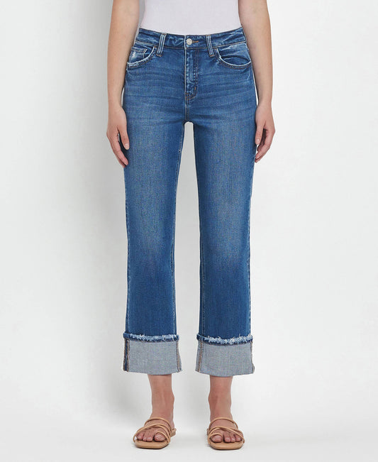 HIGH RISE CUFFED STRAIGHT JEANS-