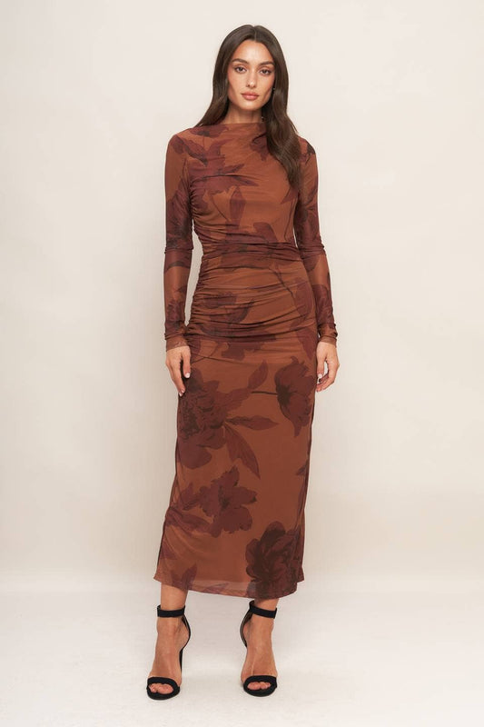Printed power mesh midi dress