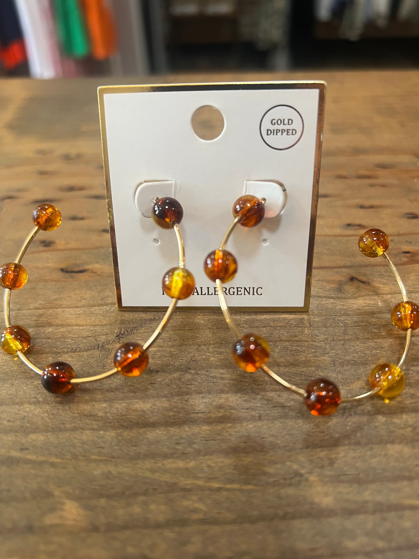 Brown Bead Gold Hoops