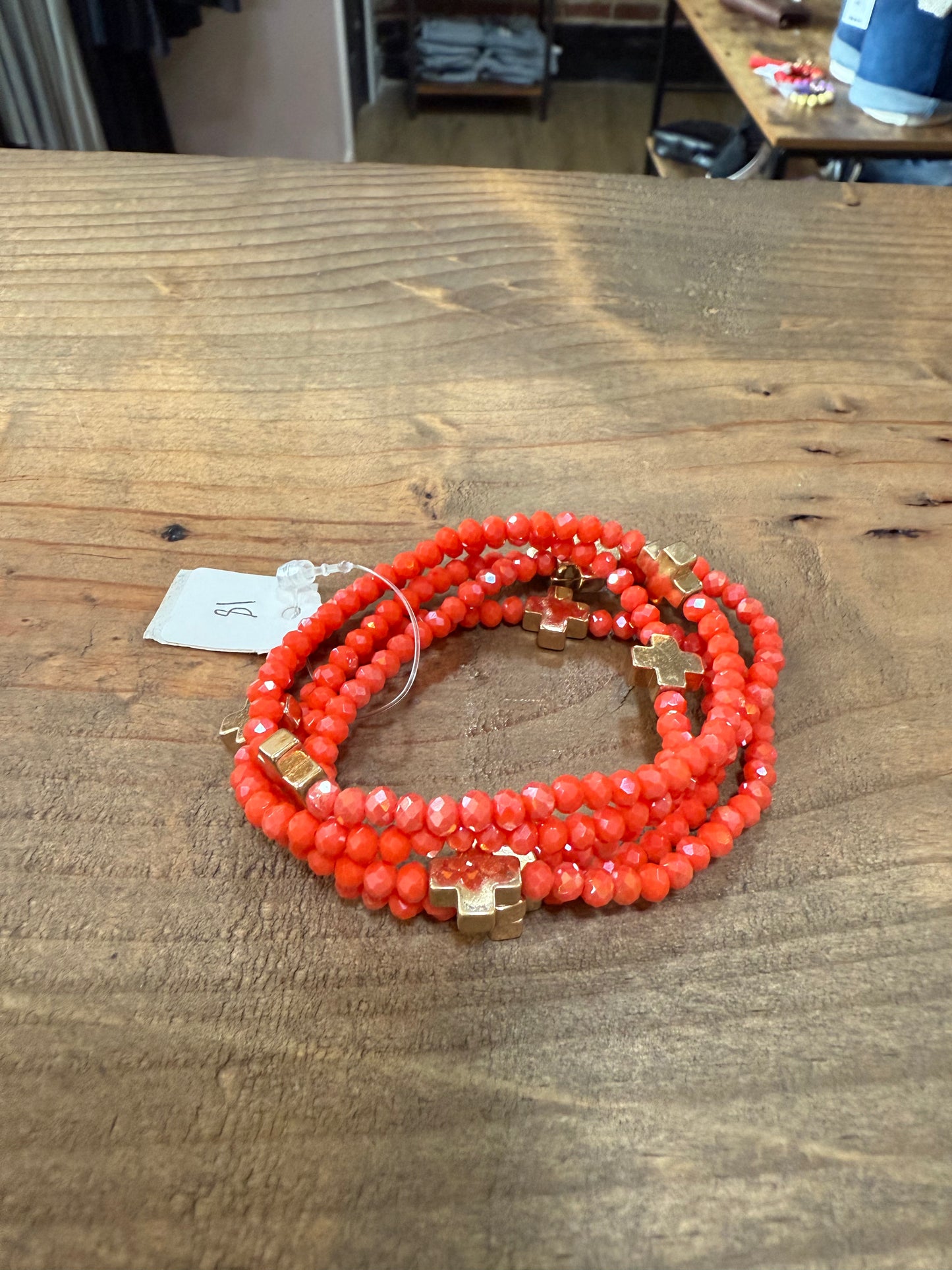Orange Beads w/Cross Beads Stretch Bracelets (set of 5)