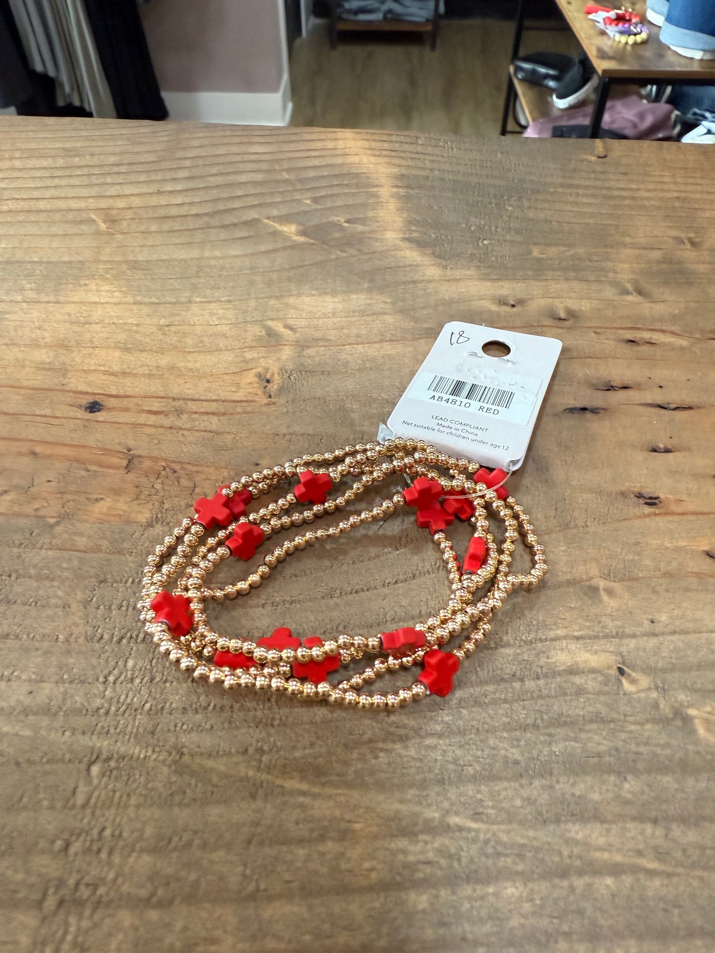 Gold Bead Red Cross Bead Stretch Bracelets (set of 5)