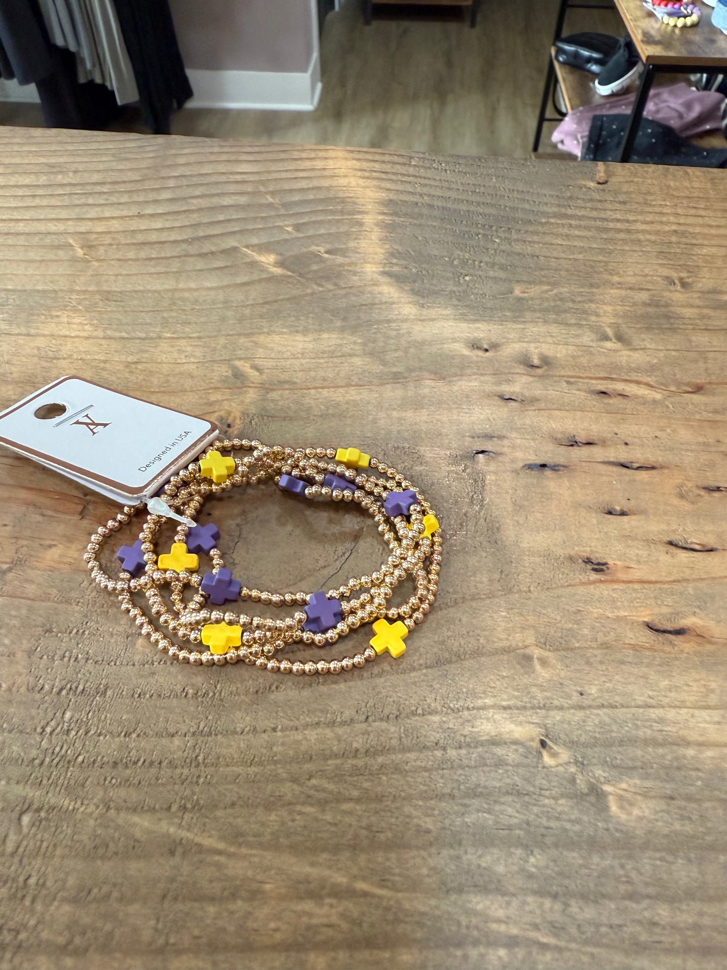 Gold Bead Purple/Yellow Cross Bead Stretch Bracelets (set of 5)