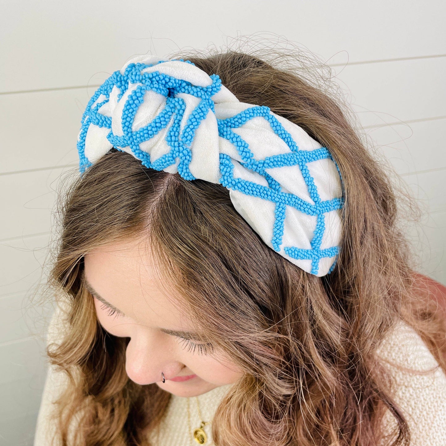 Preppy Blue & White Seed Bead Lattice Luxury Knot Headband