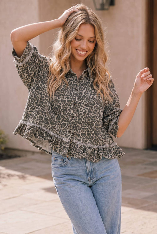 Leopard Print Ruffle Hem Jacket