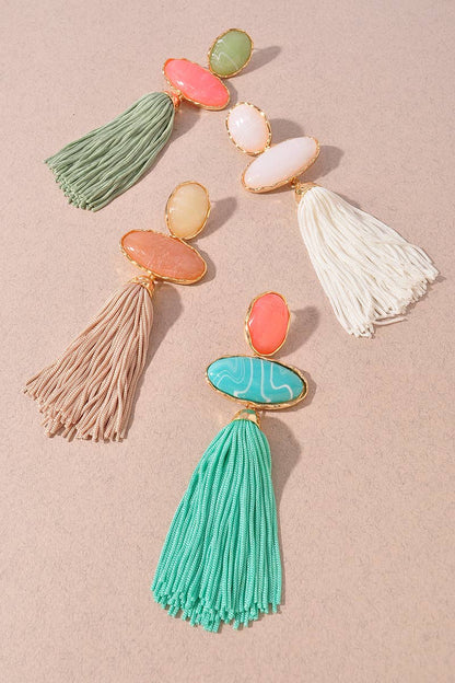 RESIN OVAL TASSEL STATEMENT DROP EARRINGS