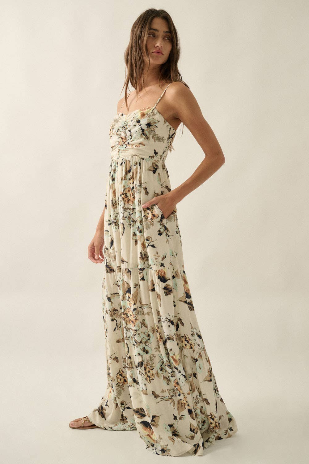 Floral Crepe Wide-Leg Tiered Ruffle Cami Jumpsuit