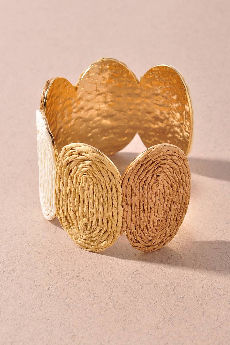 WOVEN RAFFIA DISC METAL CUFF BRACELET