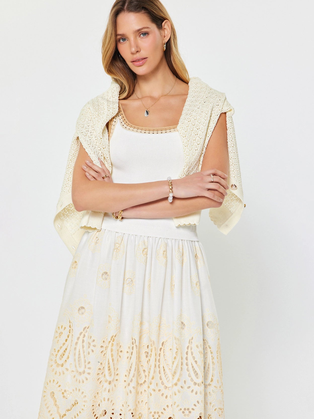 Eyelet Skirt Sleeveless Sweater Combo Midi Dress