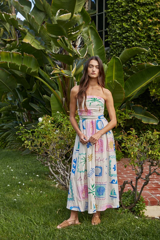 Woven Rayon Nylon Print Detail Strapless Midi