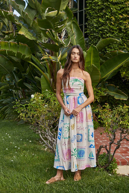 Woven Rayon Nylon Print Detail Strapless Midi