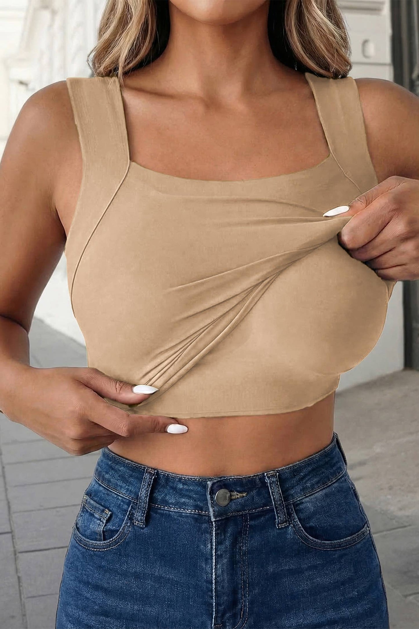 Solid Square Neck Built-in Bra Tank Top | S-XL