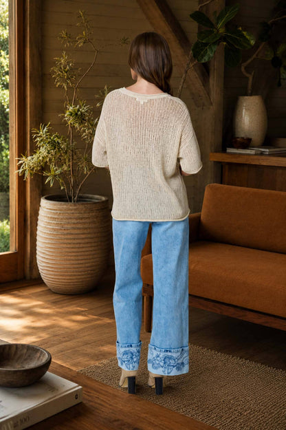 V NECK S/S CROCHET KNIT TOP