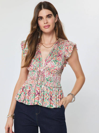 Printed Pleated Peplum V-neck Blouse