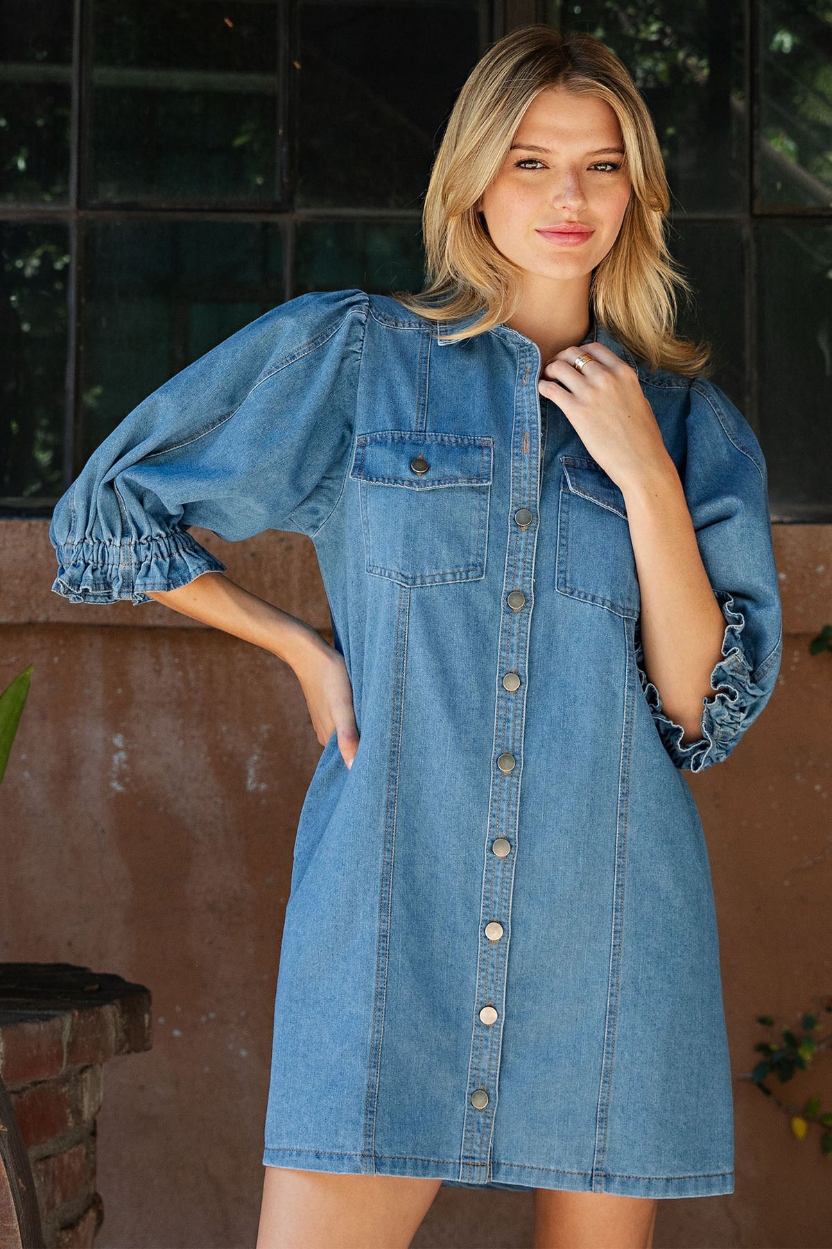 Button Down Puff Sleeve Mini Dress