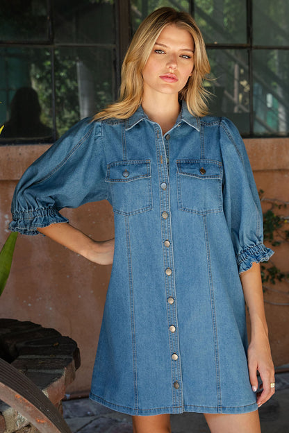 Button Down Puff Sleeve Mini Dress