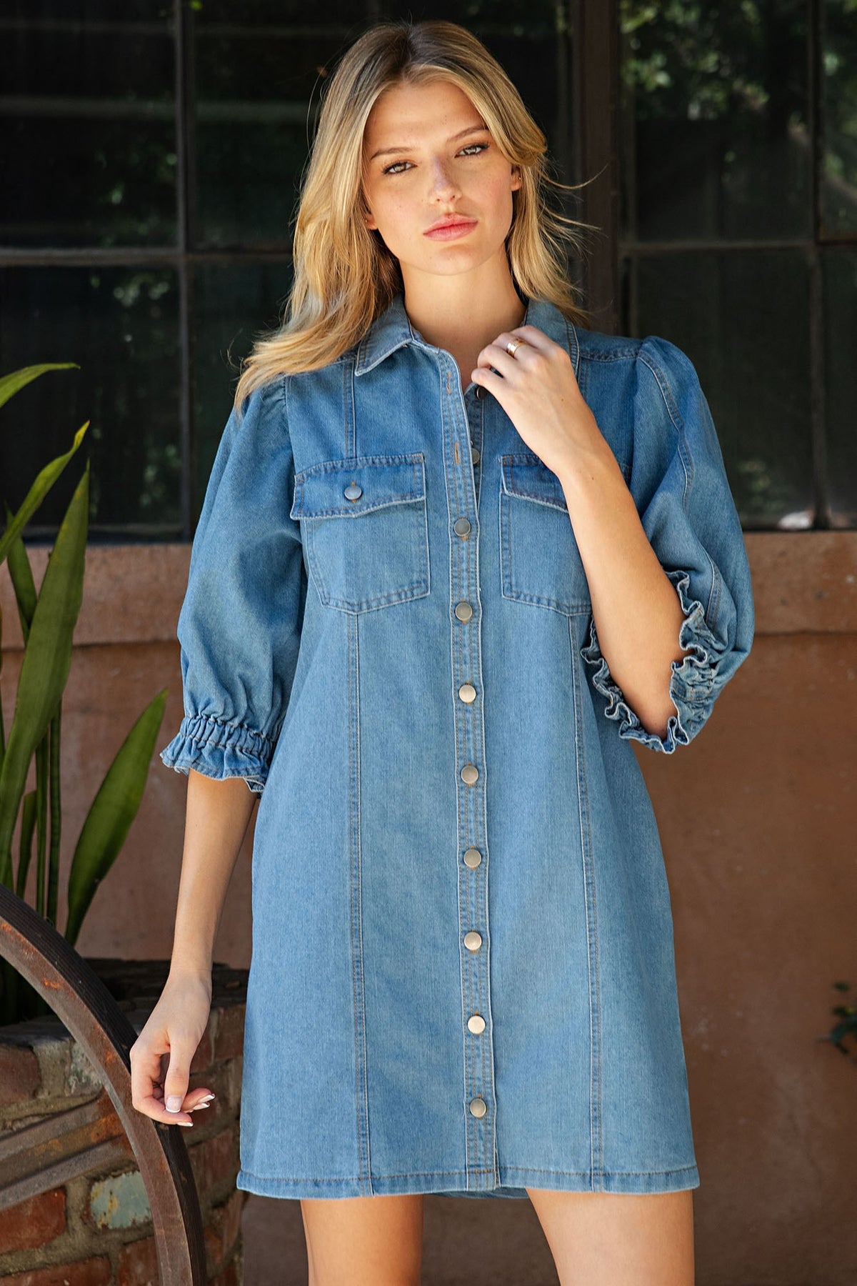 Button Down Puff Sleeve Mini Dress