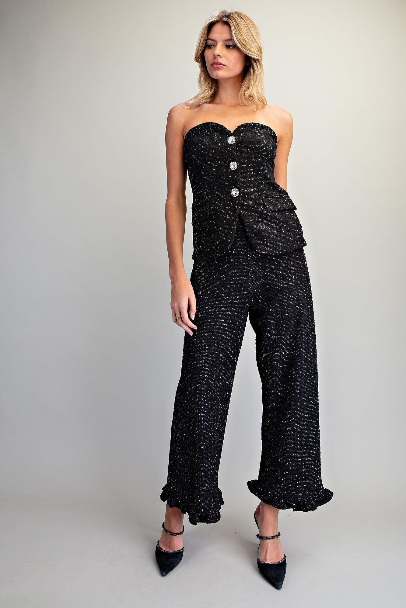 Tweed Strapless Sweetheart Neck Top