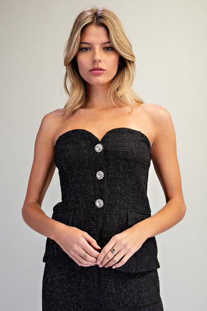 Tweed Strapless Sweetheart Neck Top