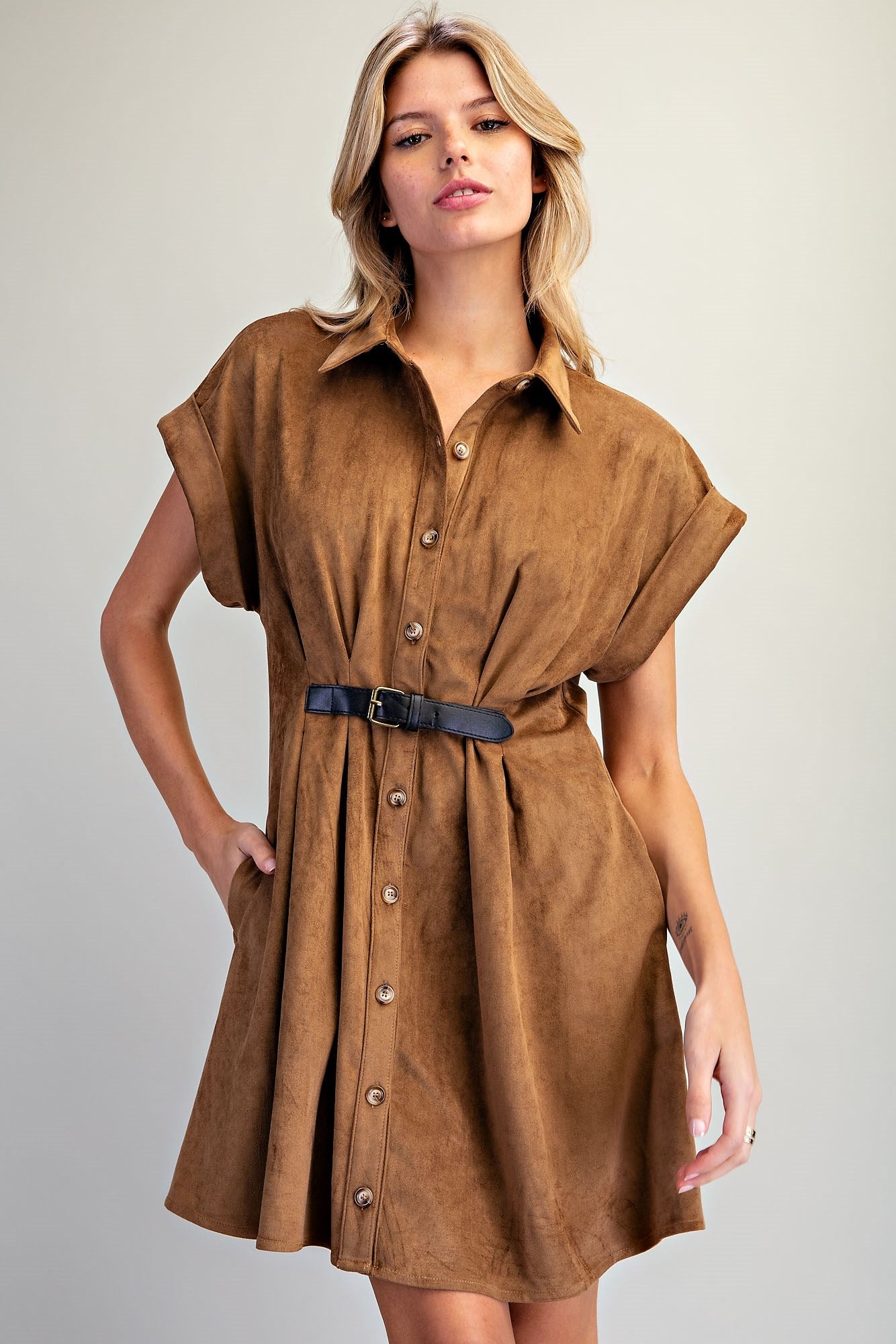 Belted Suede Button Down Dress