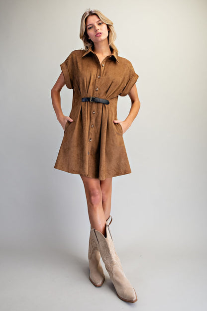 Belted Suede Button Down Dress