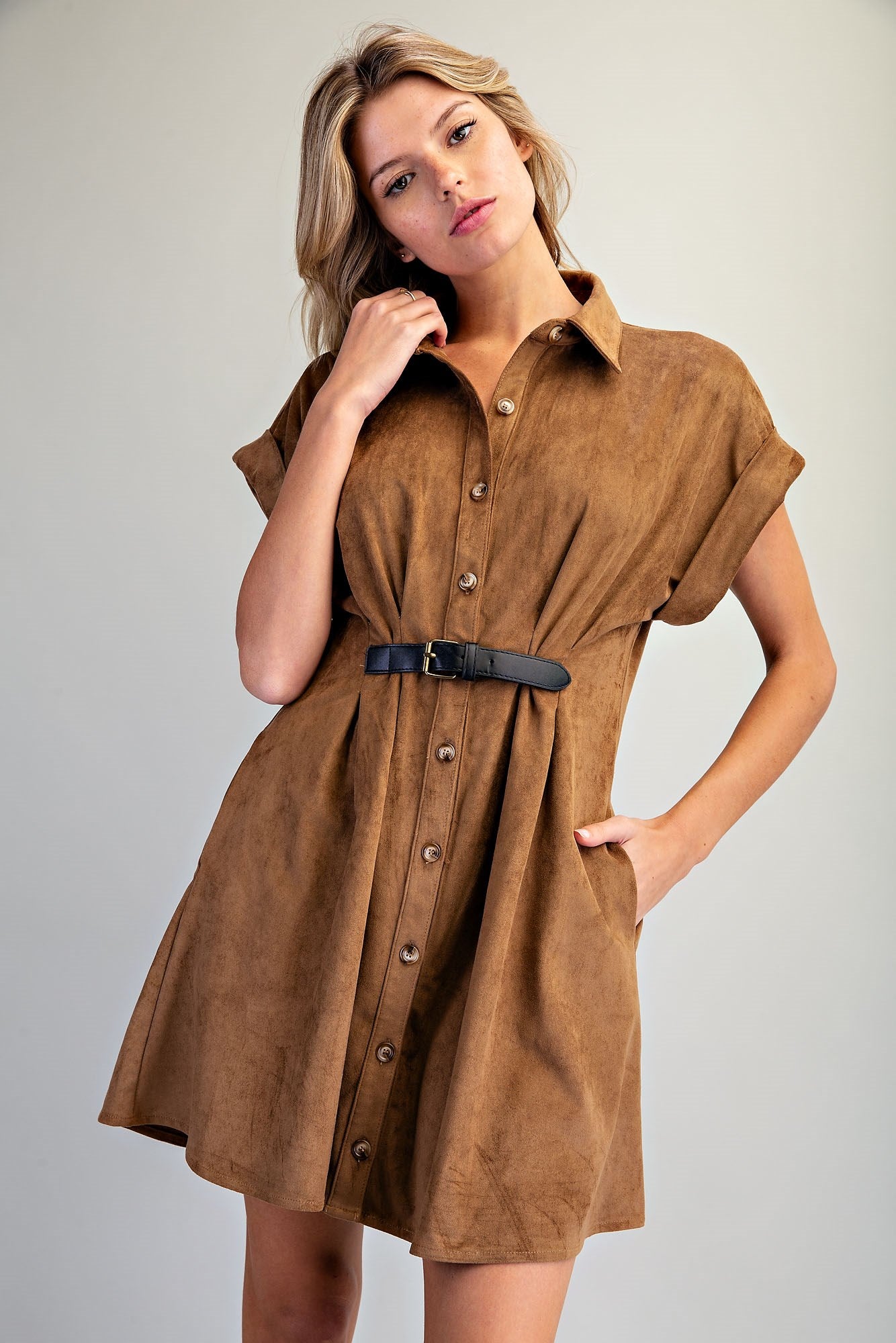 Belted Suede Button Down Dress