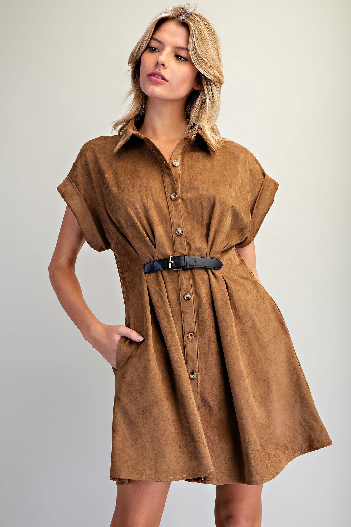 Belted Suede Button Down Dress