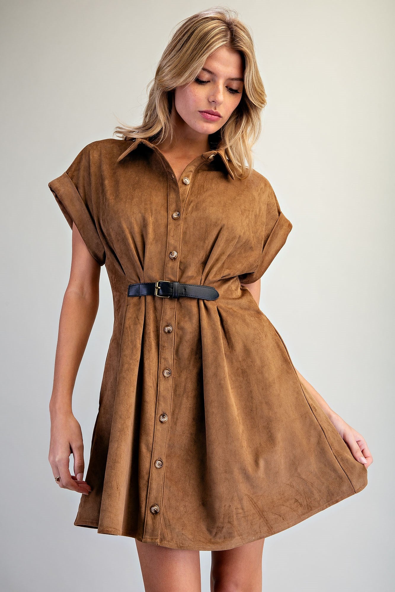 Belted Suede Button Down Dress