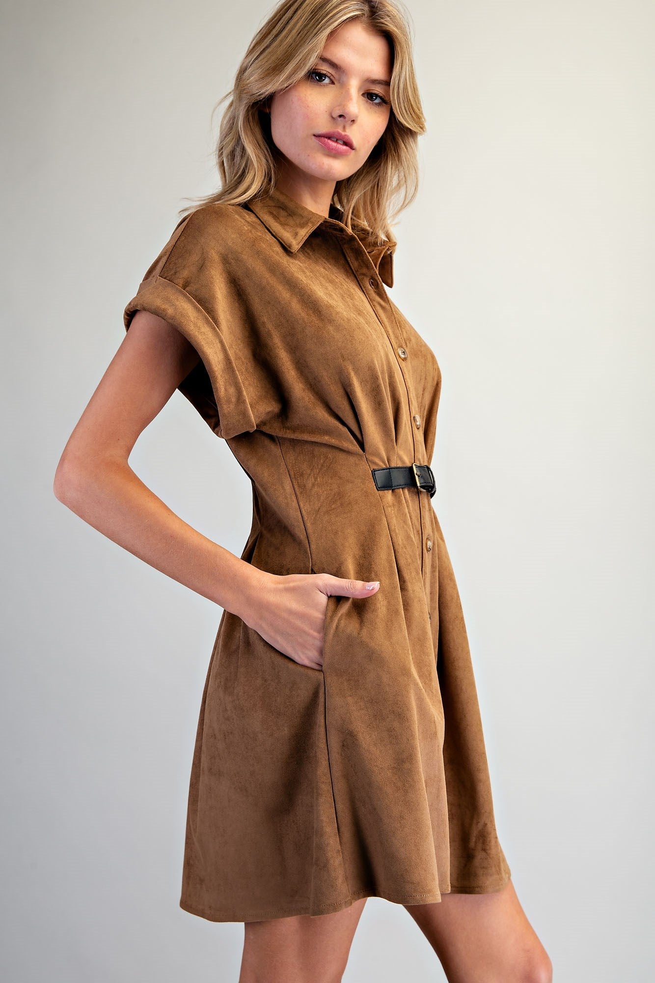 Belted Suede Button Down Dress