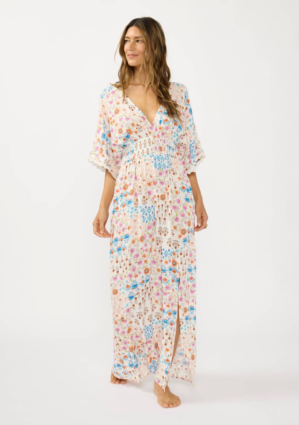 Kimono Sleeve Smocked Waist Maxi Dress with Front Slit