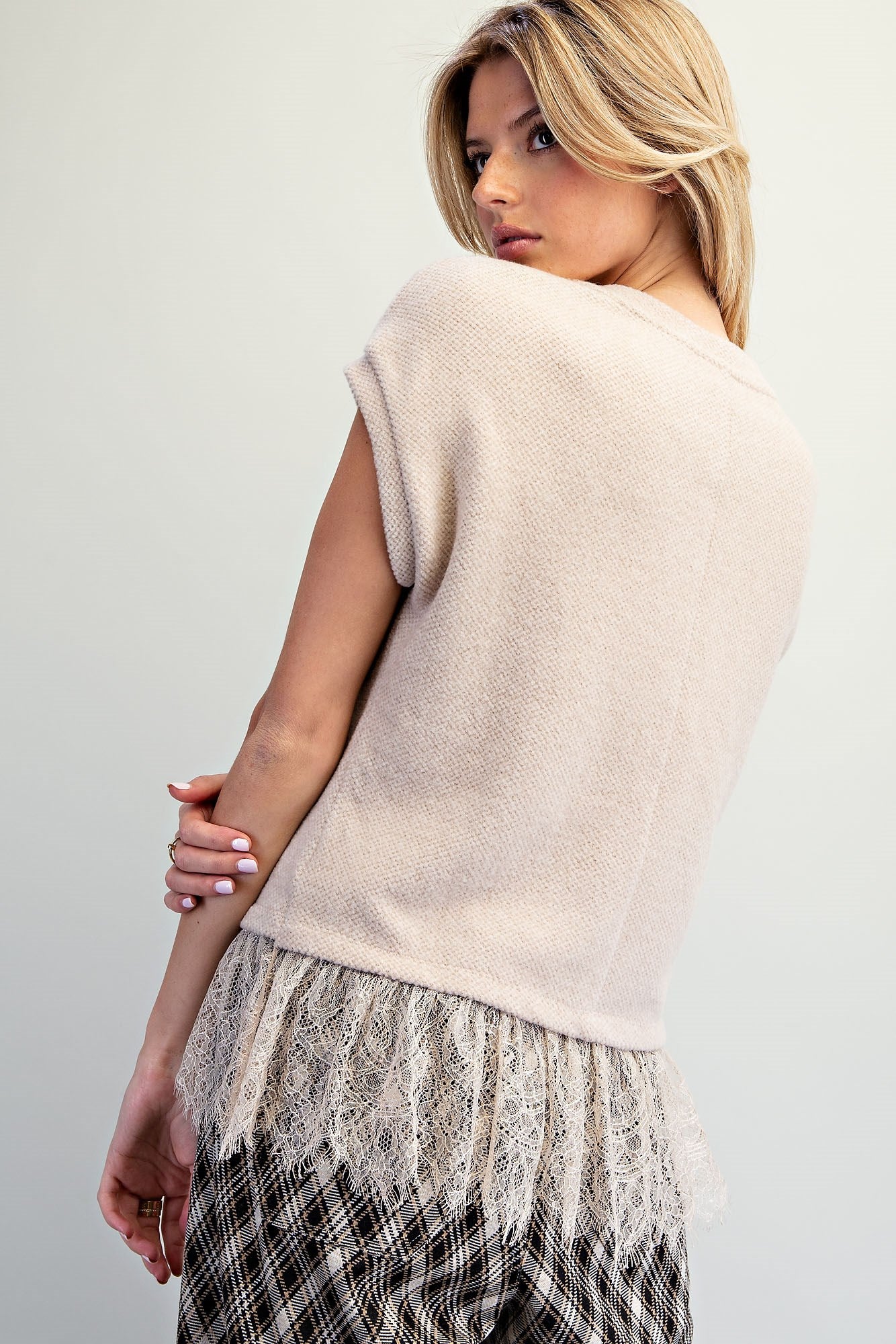 Lace Trim Textured Knit Top