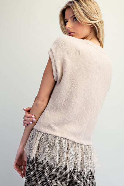 Lace Trim Textured Knit Top