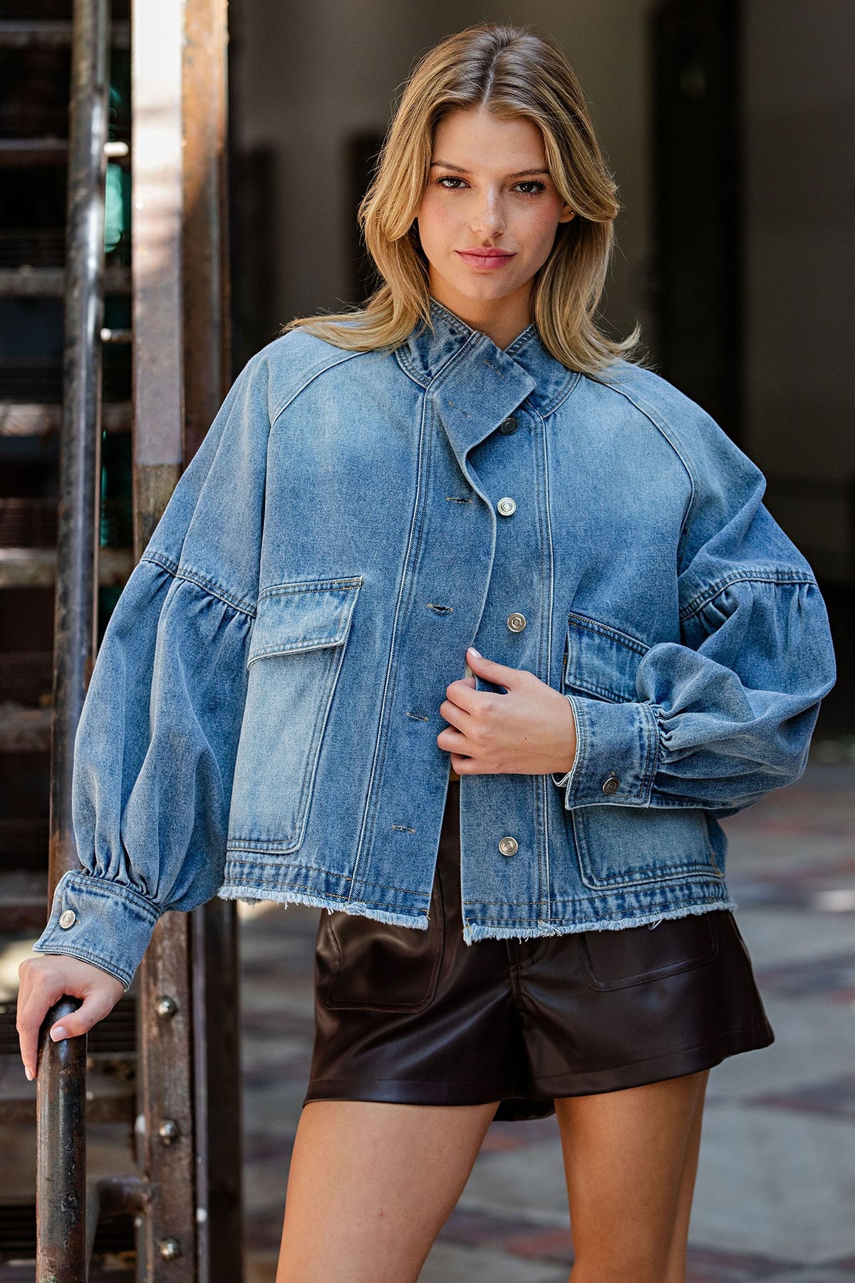 Mineral Washed Balloon Sleeve Denim Jacket ✨