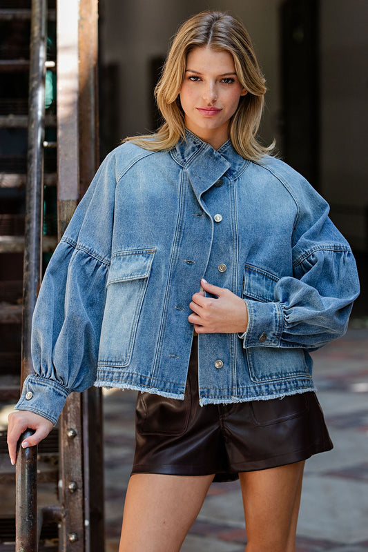 Mineral Washed Balloon Sleeve Denim Jacket ✨
