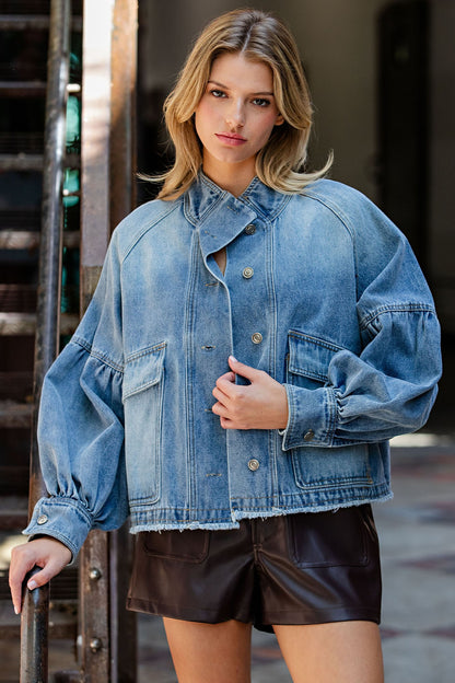 Mineral Washed Balloon Sleeve Denim Jacket ✨