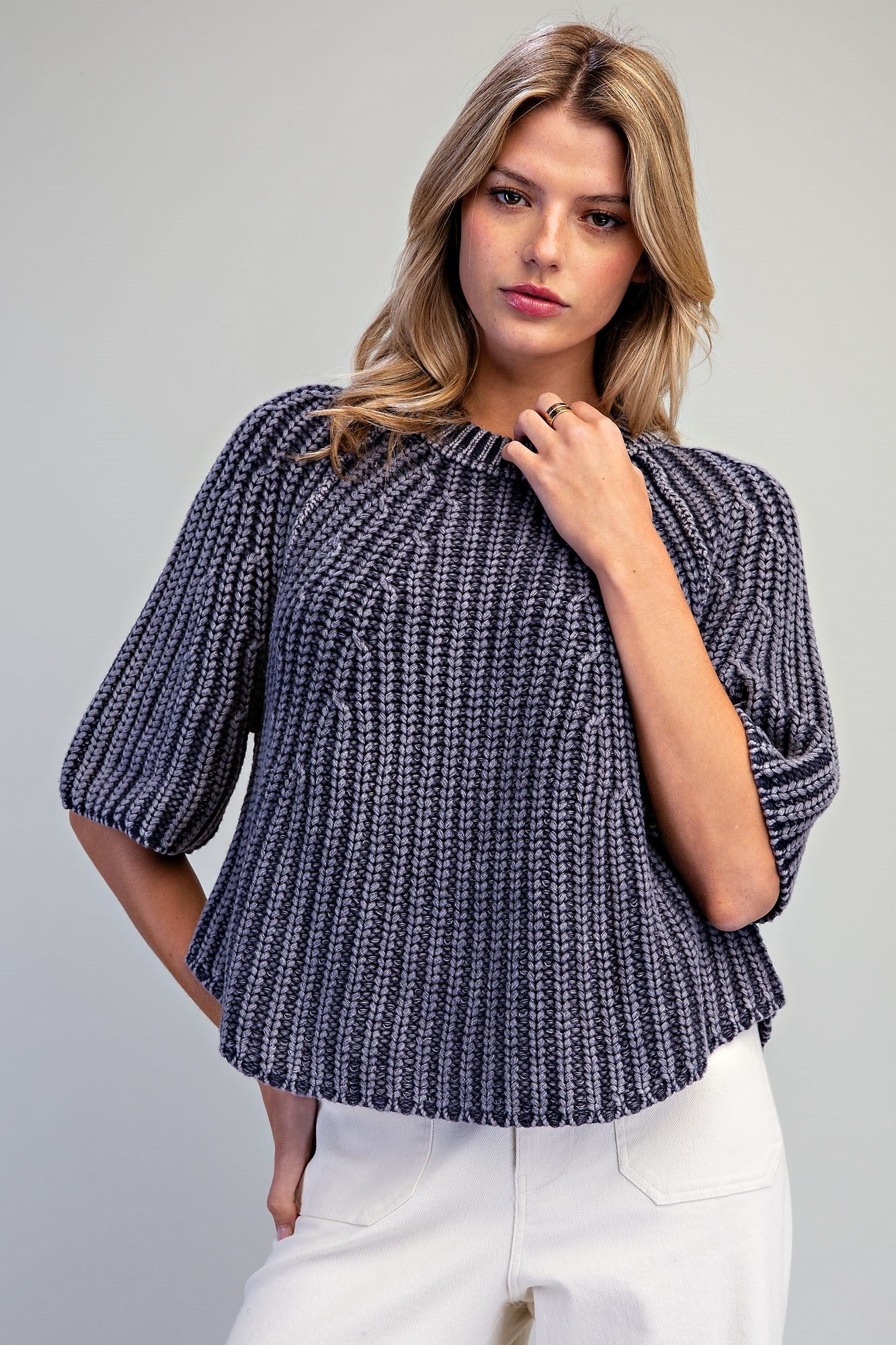 Ribbed Knit Short Sleeve Sweater