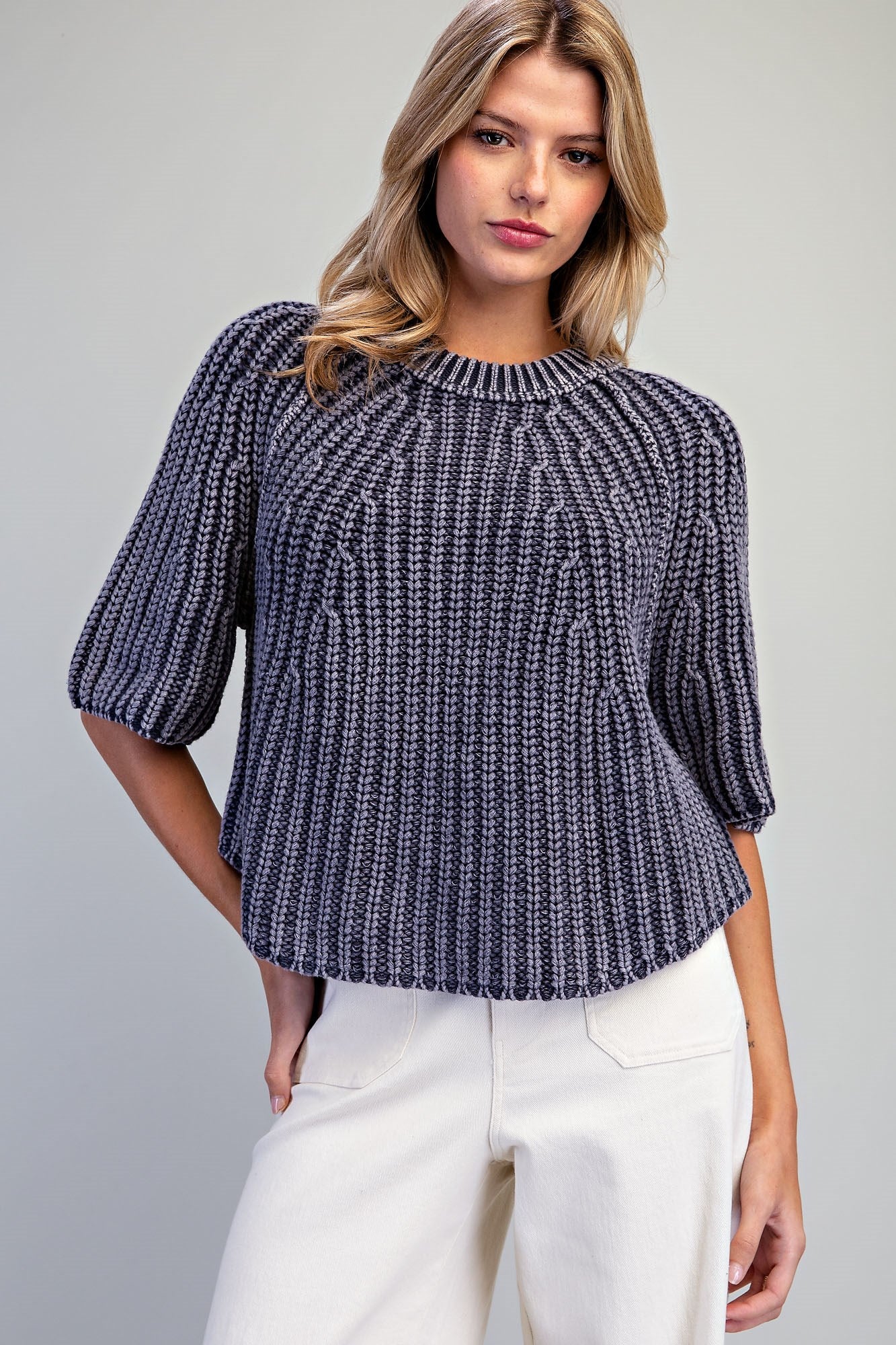 Ribbed Knit Short Sleeve Sweater