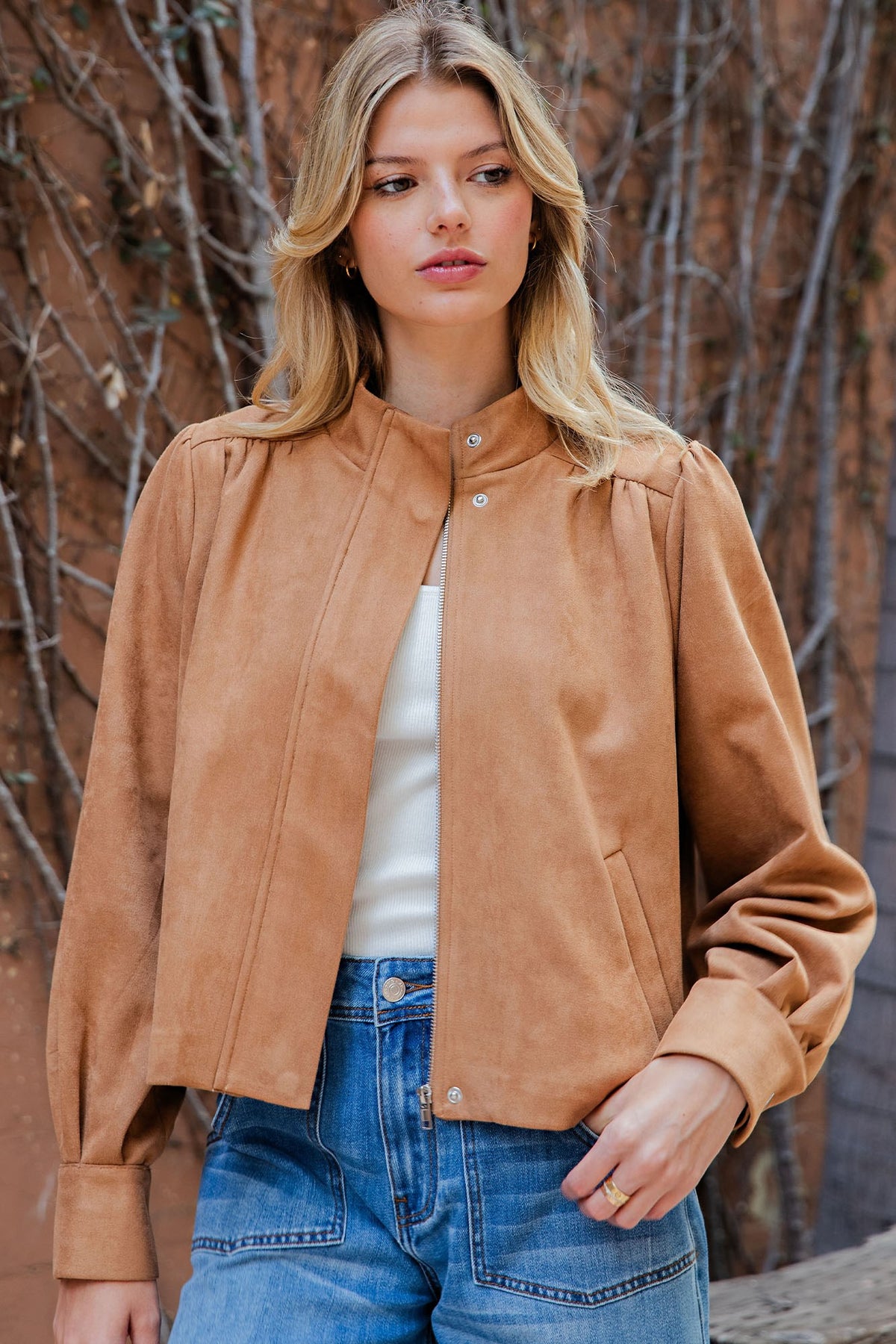 Suede Mock Neck Zip Up Jacket