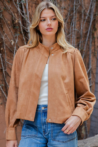 Suede Mock Neck Zip Up Jacket