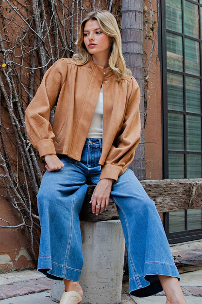Suede Mock Neck Zip Up Jacket