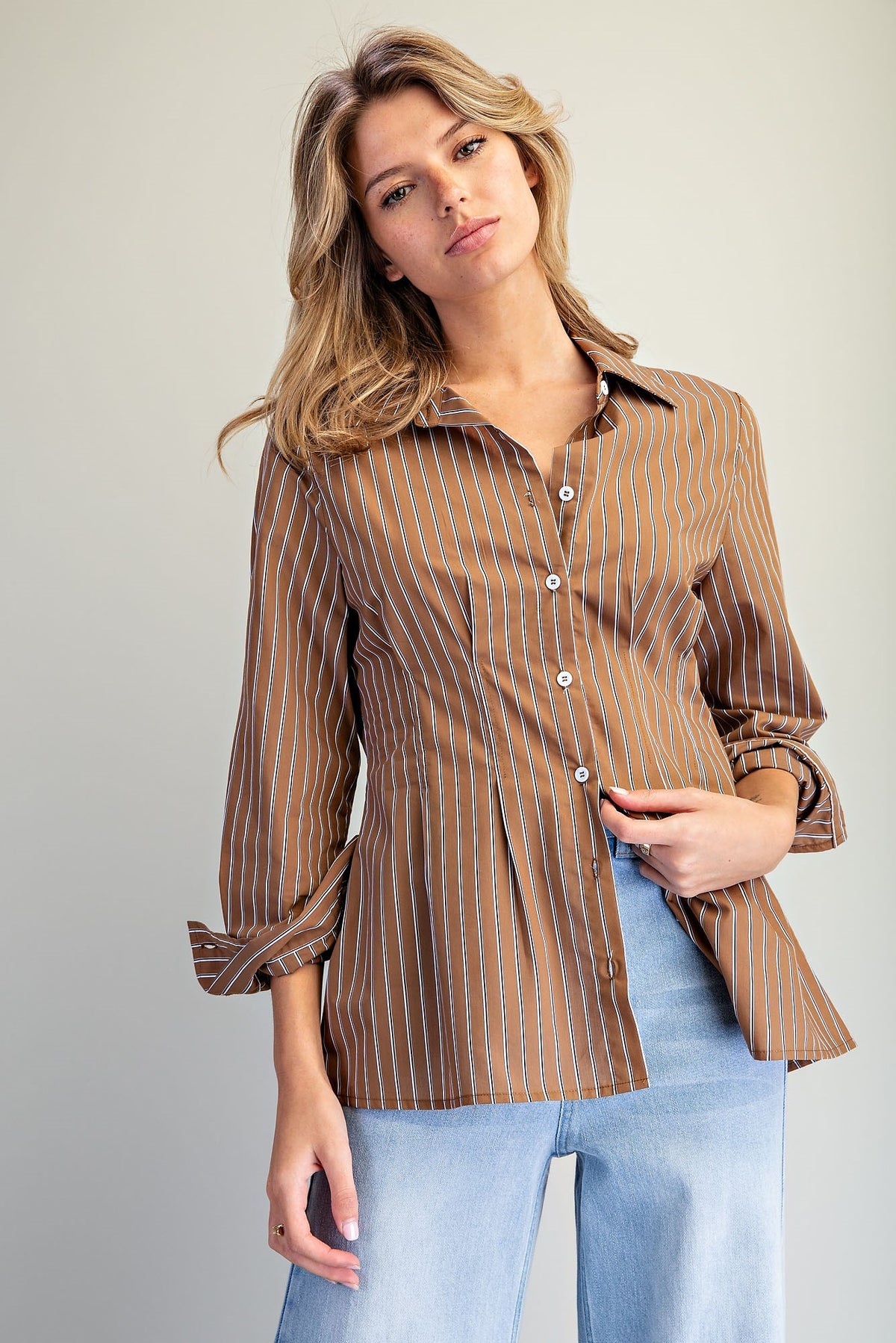 Striped Cinched Waist Button Down Top