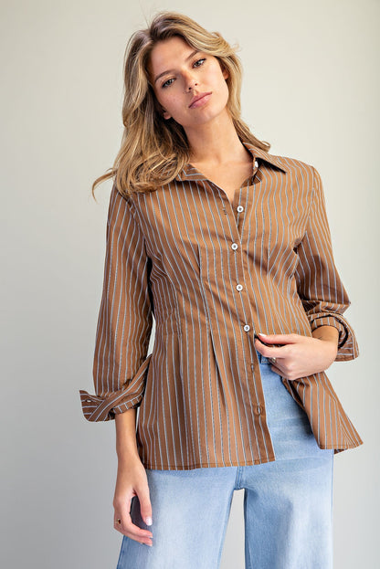 Striped Cinched Waist Button Down Top