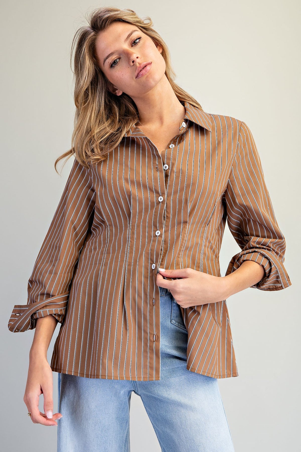 Striped Cinched Waist Button Down Top